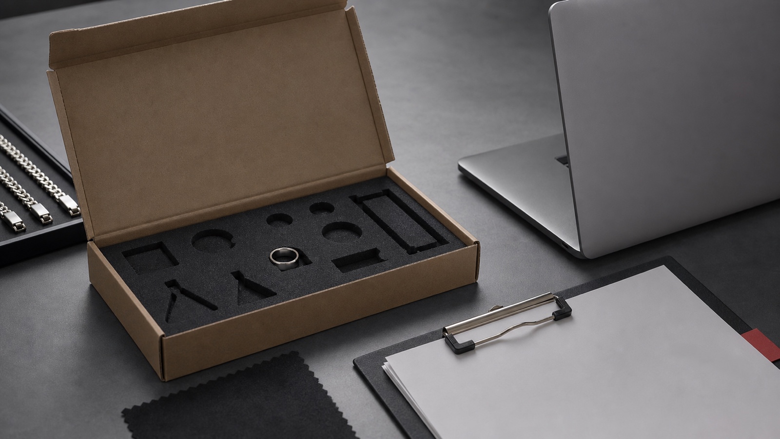 Geöffneter Versandkarton mit leeren Schaumstoffaussparungen und einem einzelnen Ring neben Laptop und Klemmbrett