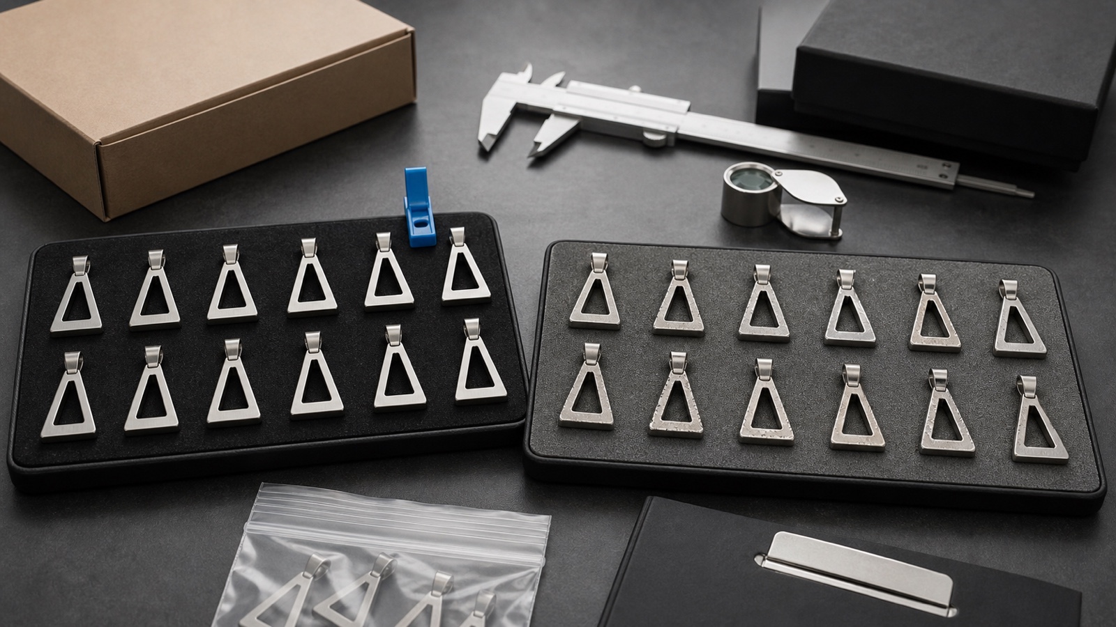 Zwei Trays mit gleichen Anhängern im direkten Vergleich, daneben Messschieber, Lupe und Musterbeutel