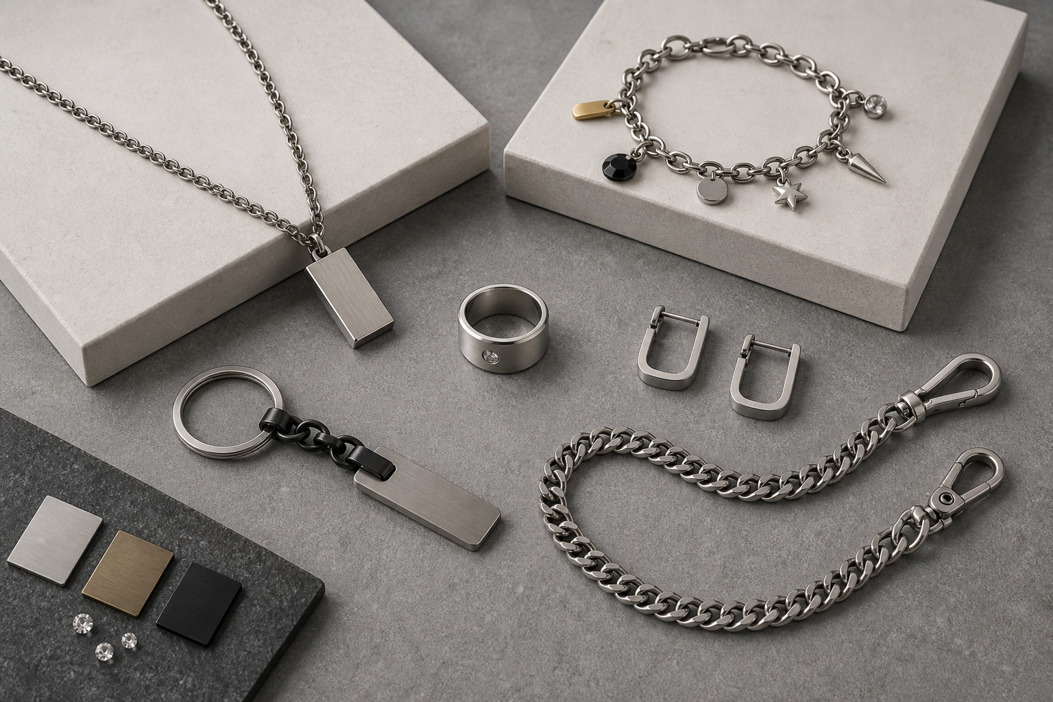 Übersicht verschiedener Schmuck- und Accessoire-Produkte: Kette mit Anhänger, Charm-Armband, Ring, Ohrringe, Schlüsselanhänger und Wallet Chain