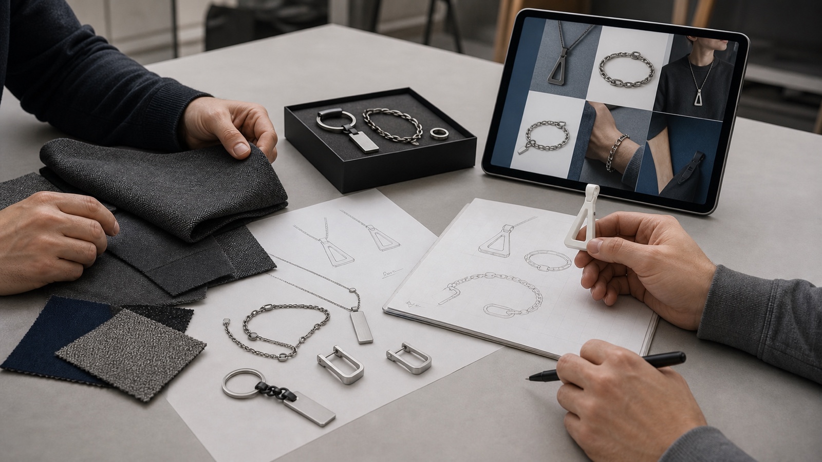 Zwei Personen besprechen an einem Tisch Skizzen, Prototypen und Produktbilder von Schmuck und Metall-Accessoires