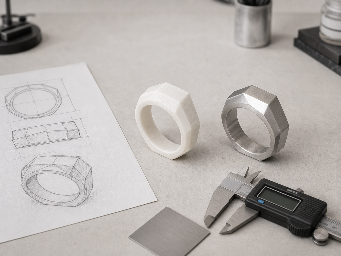 Messschieber, Schmuckskizze, weißer 3D-Druck-Prototyp und fertiger Silberring nebeneinander