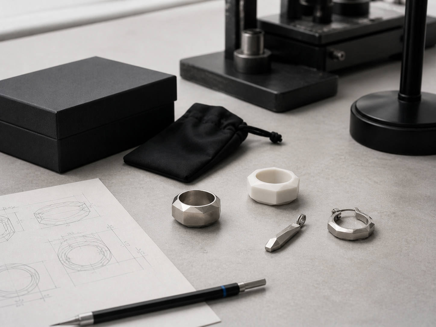 Technische Schmuckskizzen mit Bleistift, weißen und silbernen Ringmustern, Schmuckbox und Beutel