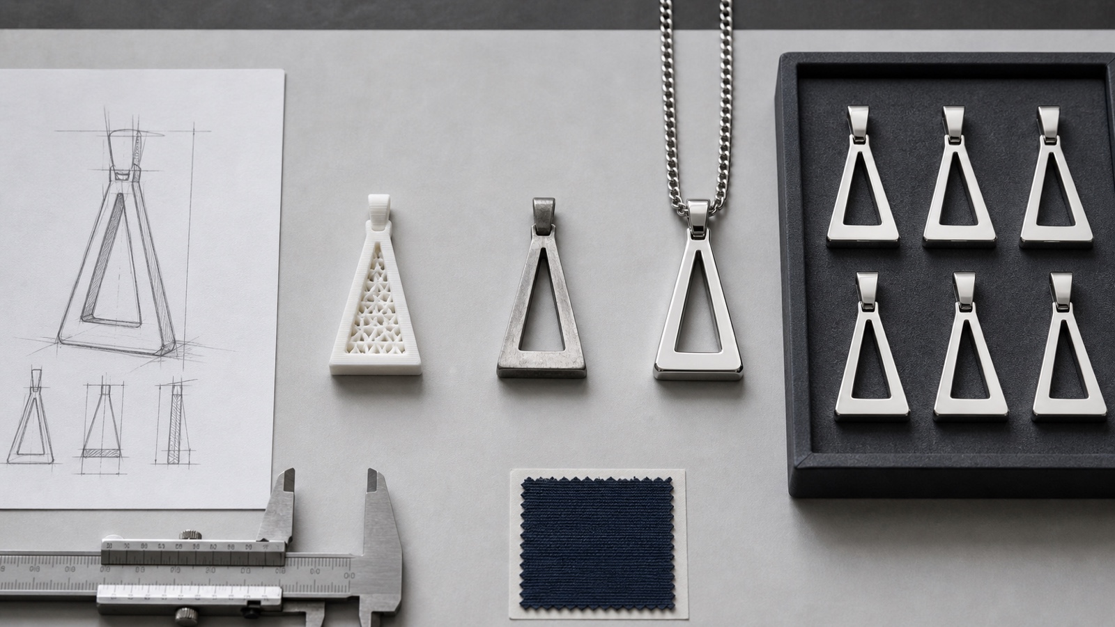 Skizze, 3D-Druck-Rohling, Rohguss und polierter Anhänger nebeneinander, daneben ein Tray mit Serienteilen