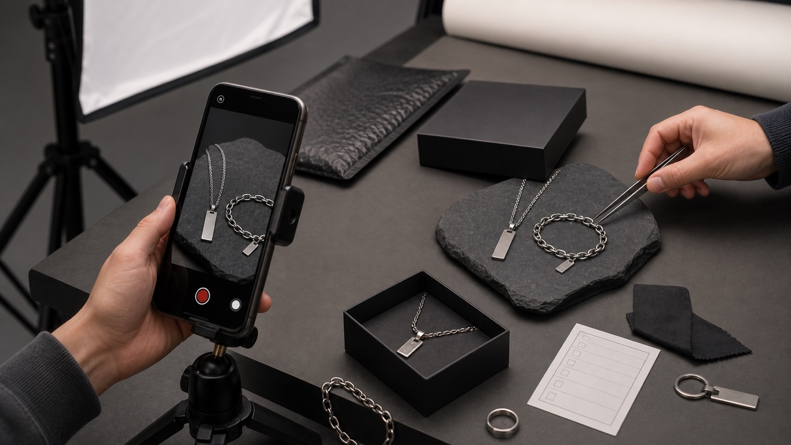 Smartphone auf Stativ filmt Kette und Armband auf dunkler Steinplatte in einem Produktfoto-Setup
