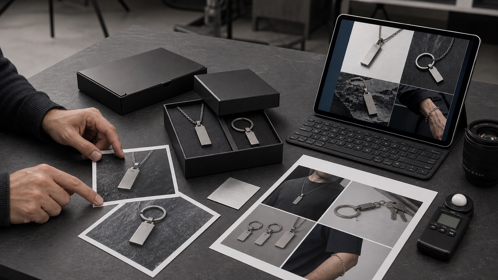 Arbeitstisch mit verpackten Metall-Anhängern, Produktfotos und Tablet mit Bildauswahl für eine Kampagne