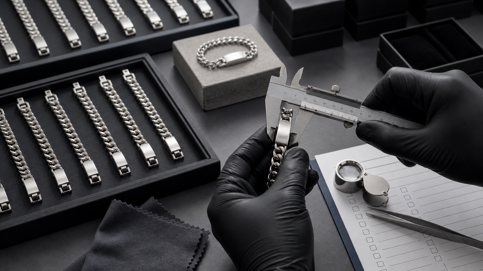 Hände in schwarzen Handschuhen messen ein Armband mit dem Messschieber neben Prüfliste, Lupe und Trays