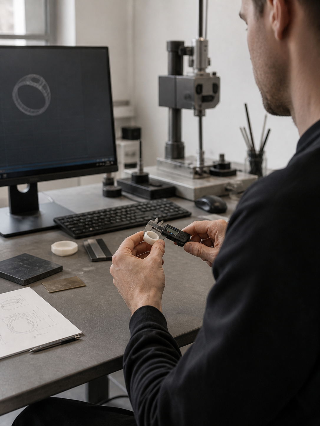 Person am Arbeitsplatz vermisst einen weißen Ring-Prototyp mit einem digitalen Messschieber