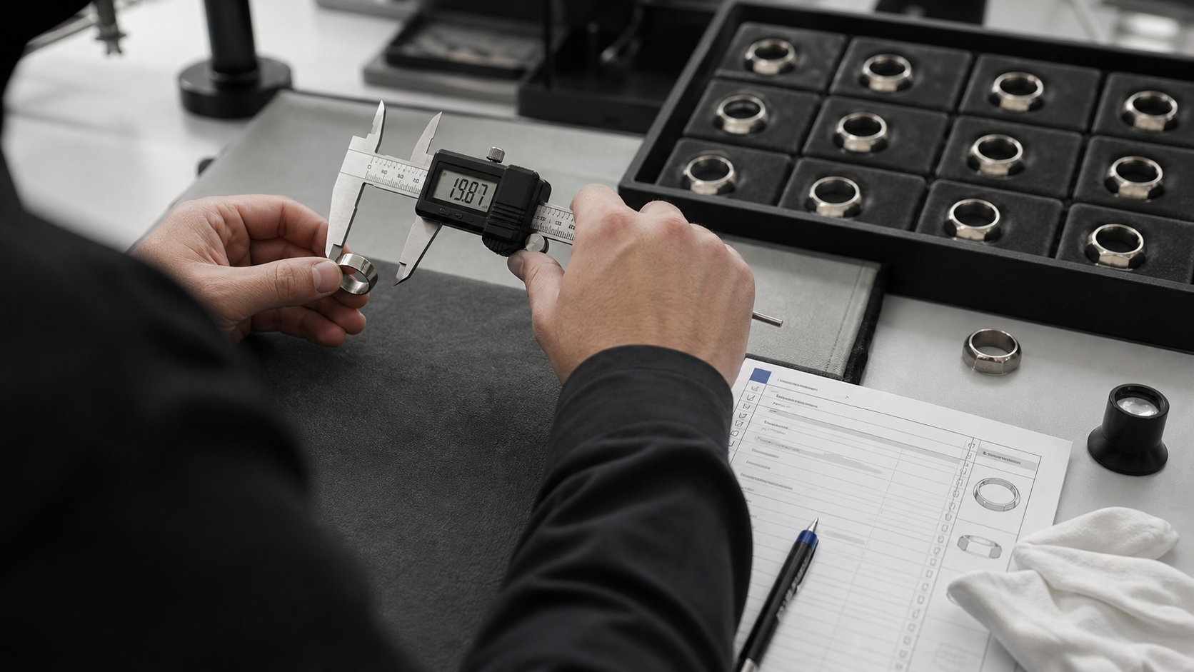 Hände messen einen Silberring mit digitalem Messschieber neben einem Tray mit weiteren Ringen und einer Prüfliste