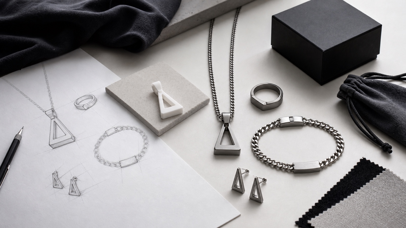 Entwurfsskizzen neben Kette, Ring, Armband und Ohrsteckern mit Schmuckbox, Beutel und Stoffmustern
